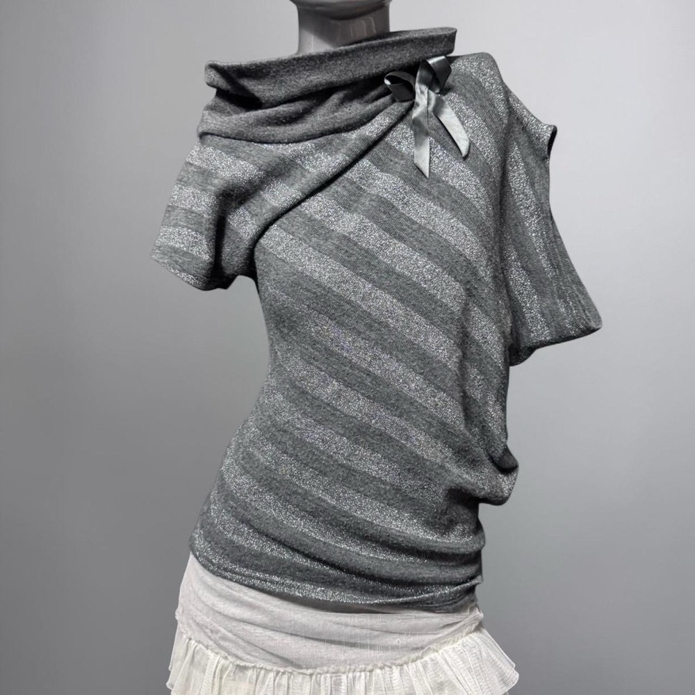 Women's Metallic Gray Striped Short-Sleeve Sweater
